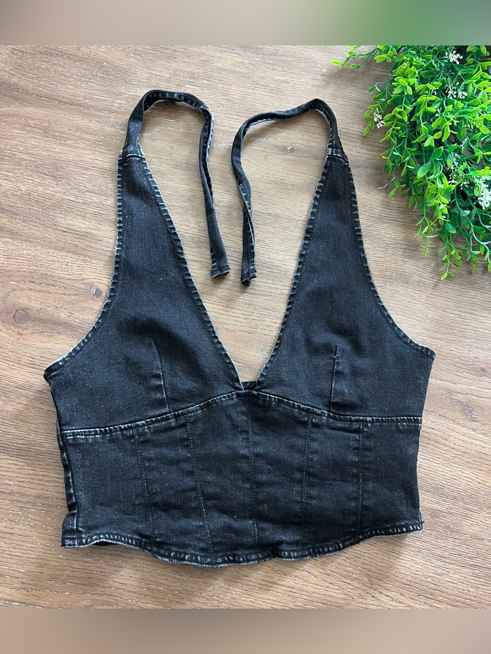 Black Denim Halter Crop Top - Women